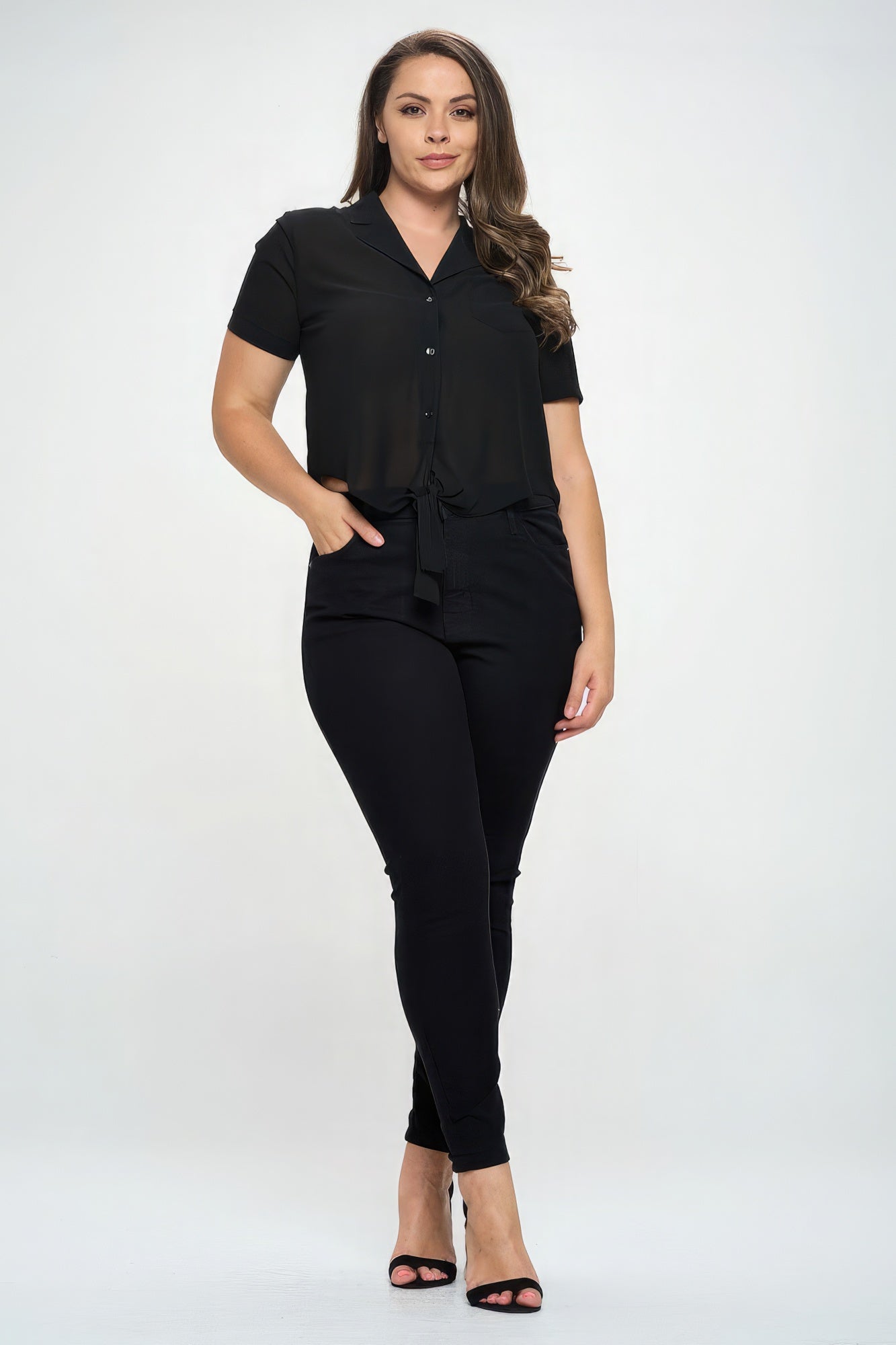 THE ABIGAIL Plus Solid Chiffon Button Down Tie Front Short Sleeve Top