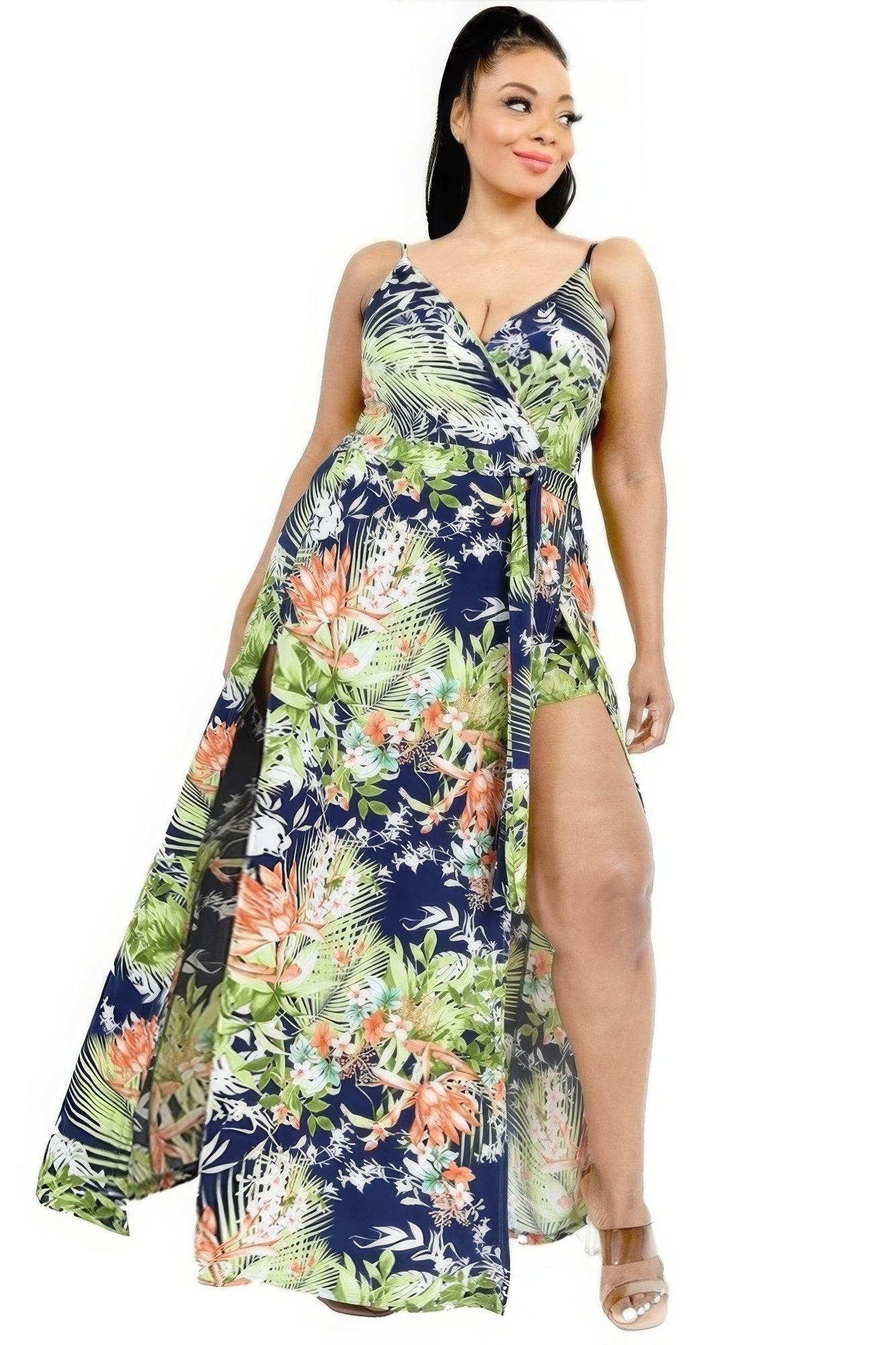 THE SIMONE Plus Tropical Leaf Print Surplice Maxi Dress